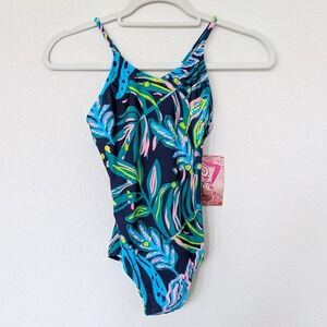 Kanu Surf Tammy One Piece‎ Swimsuit Girls 12 Navy Tropical Leaf